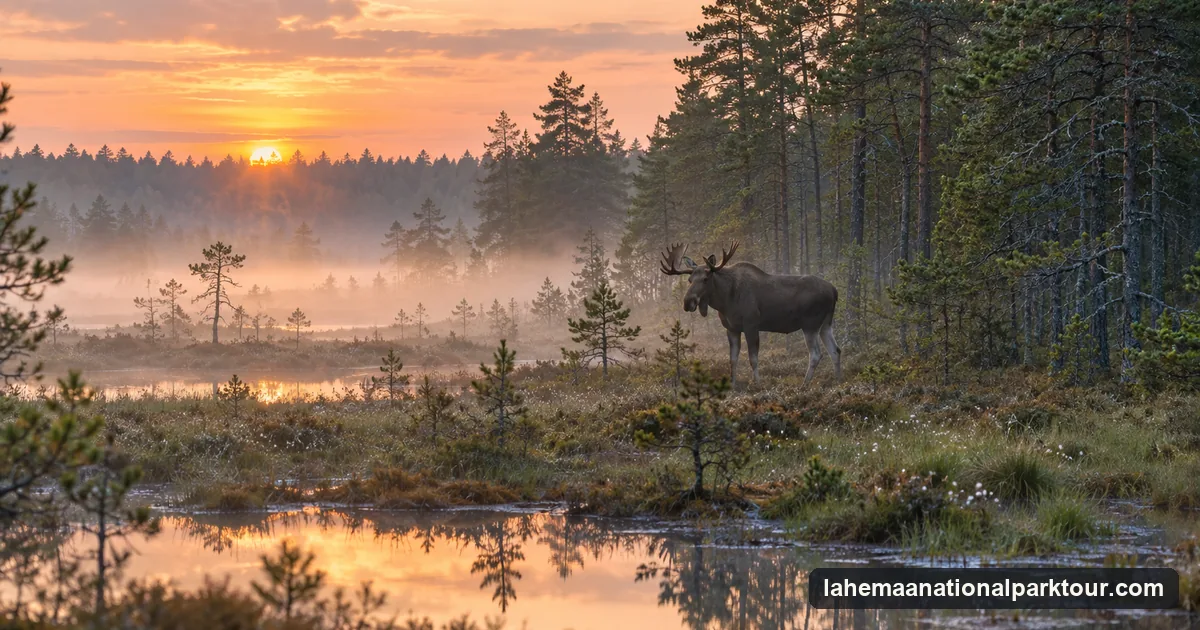 A moose at the edge of a pine forest beside a bog in Estonia at dawn