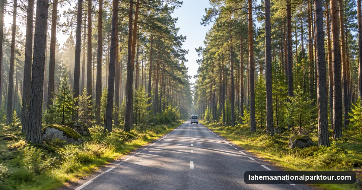 A straight road through tall pine forest in northern Estonia in summer