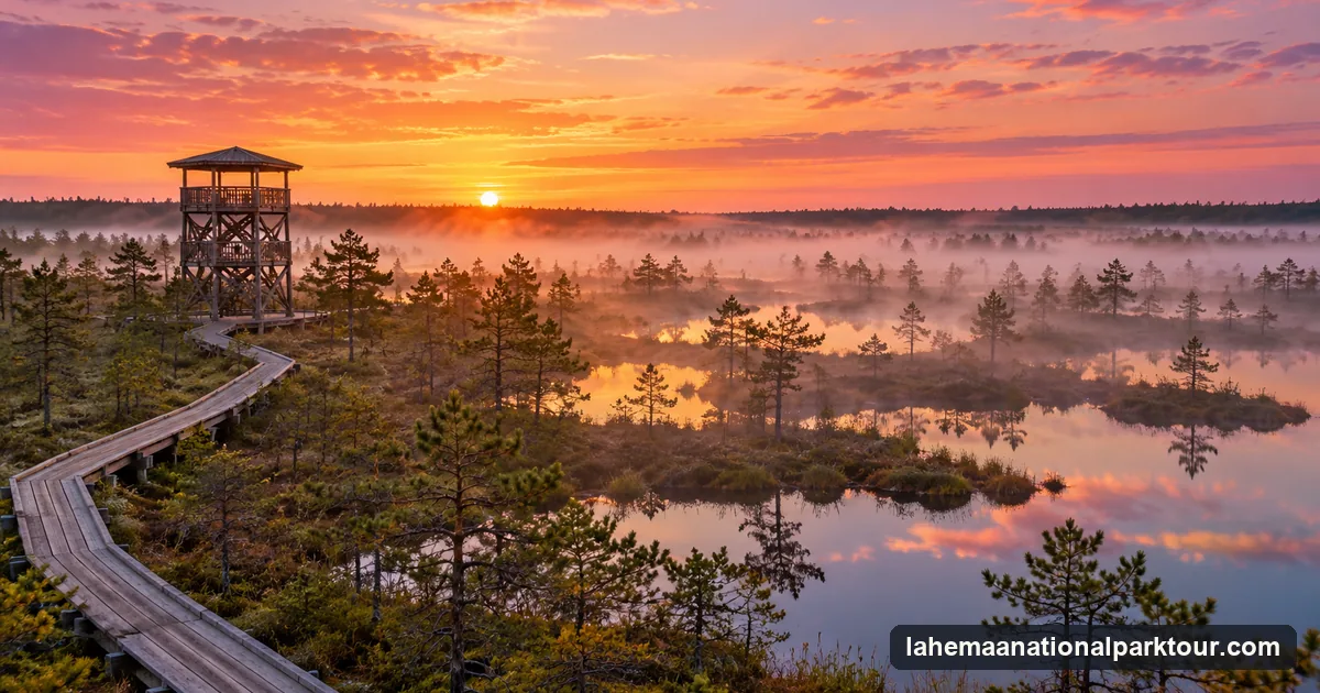 A boardwalk and wooden observation tower on a raised bog in northern Estonia at sunrise
